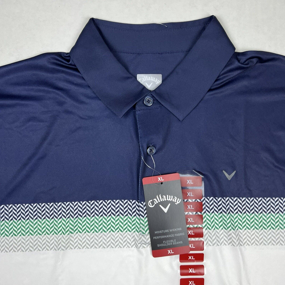 Callaway Mens Opti-Dri Bright White/Navy/Green Golf Polo Shirt - PEACOAT XL